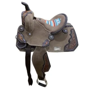 12" DOUBLE T ROUGH OUT BARREL STYLE SADDLE WITH SOUTHWEST SERAPE PRINTED INLAY