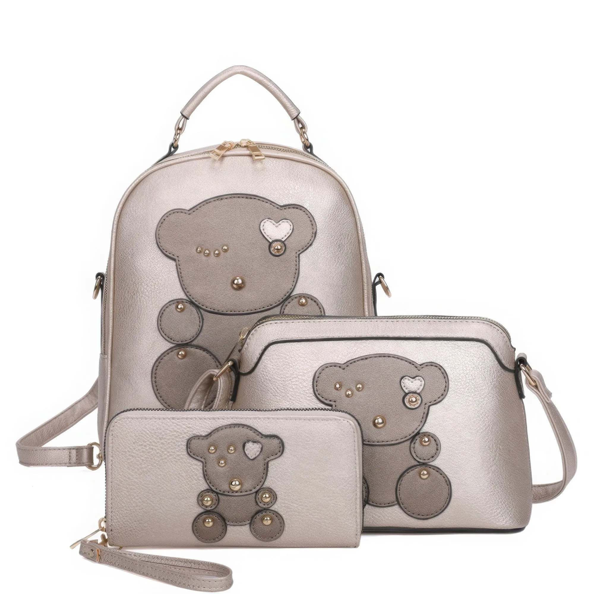 3in1 Cute Bear Design Handle Cartoon Backpack W Crossbody And Wallet Set