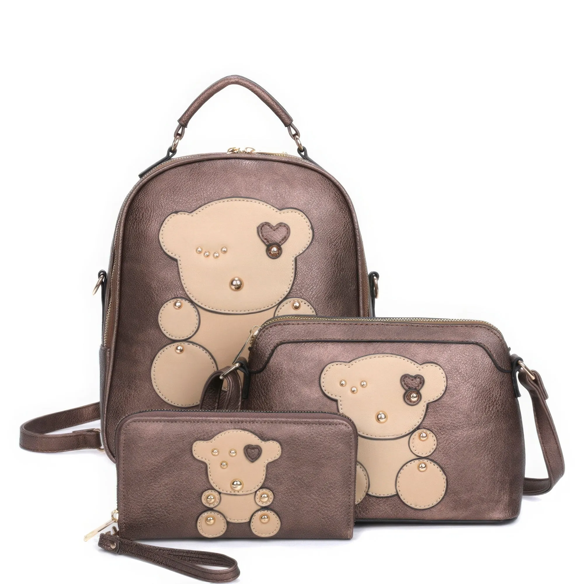 3in1 Cute Bear Design Handle Cartoon Backpack W Crossbody And Wallet Set