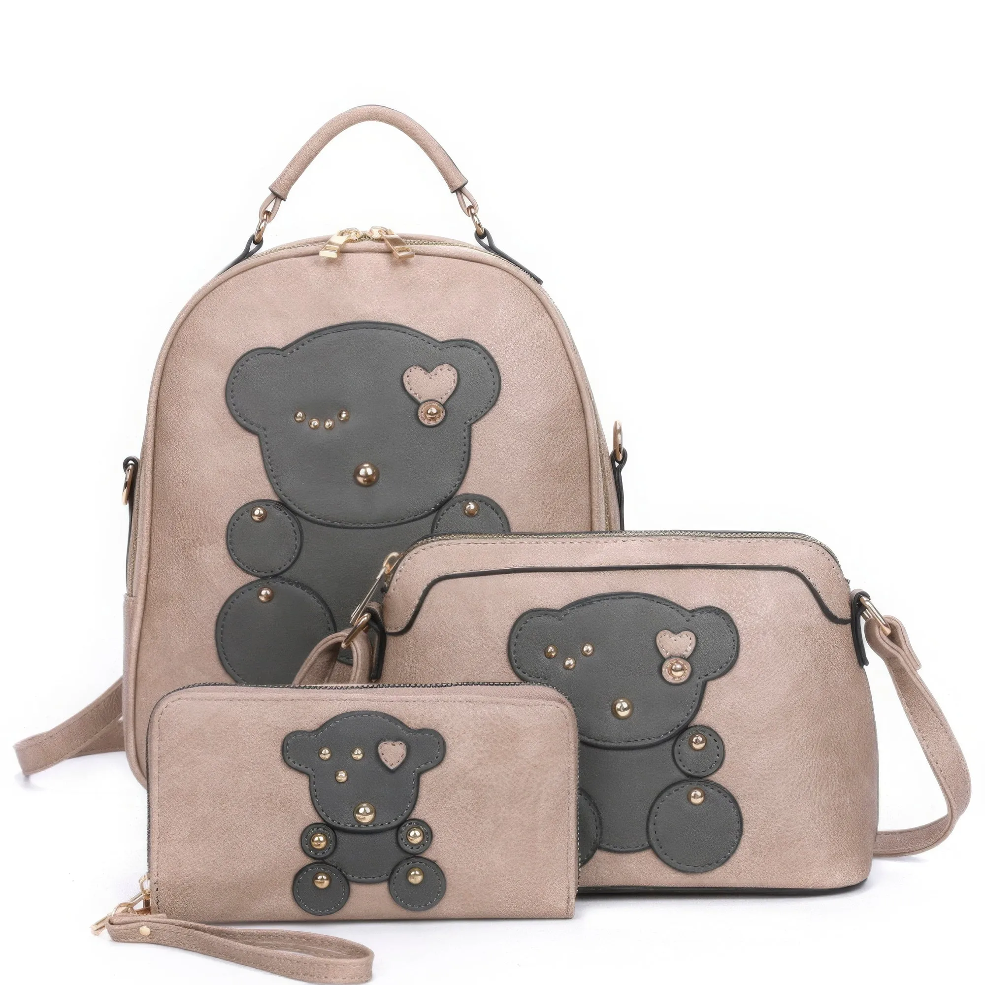 3in1 Cute Bear Design Handle Cartoon Backpack W Crossbody And Wallet Set