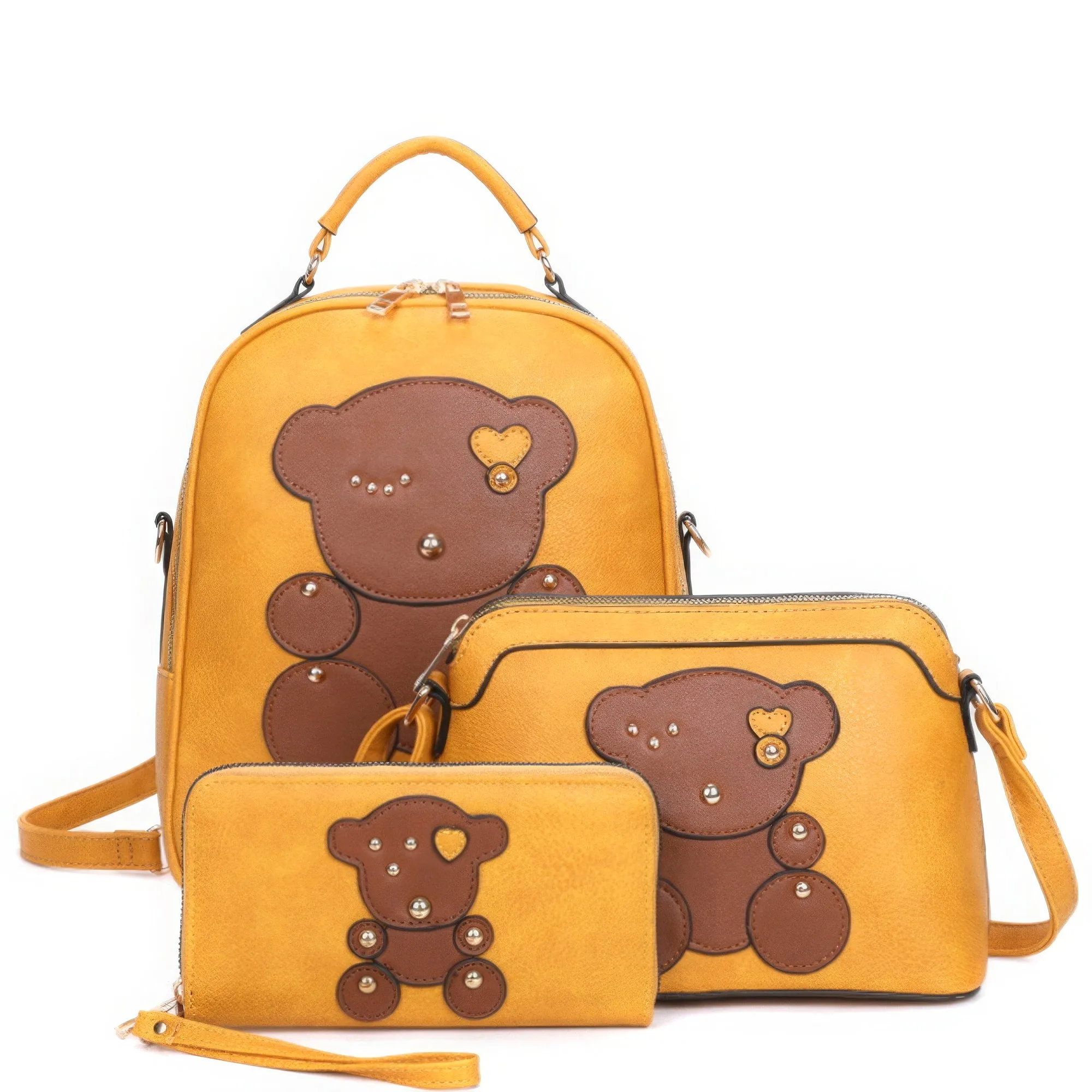 3in1 Cute Bear Design Handle Cartoon Backpack W Crossbody And Wallet Set