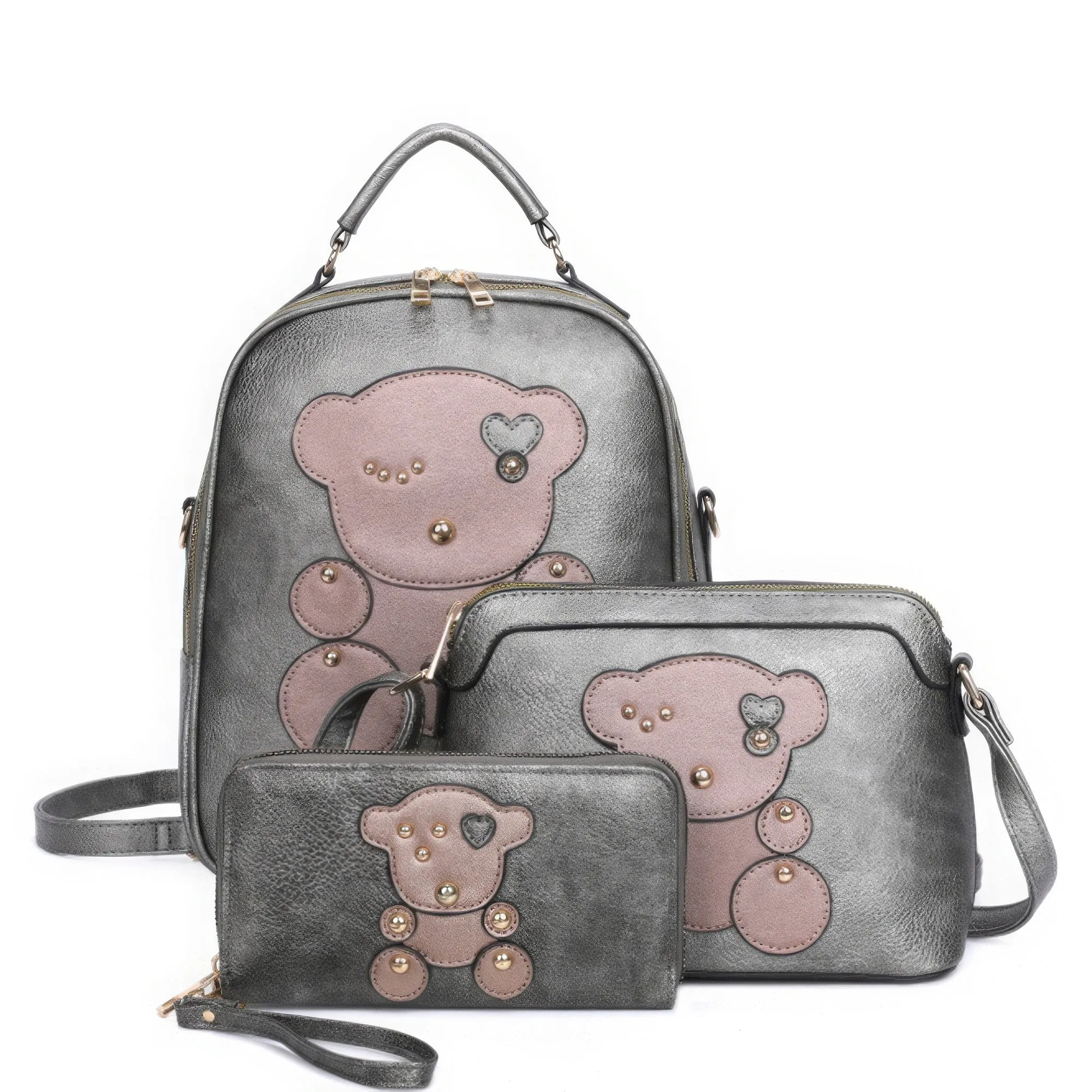 3in1 Cute Bear Design Handle Cartoon Backpack W Crossbody And Wallet Set