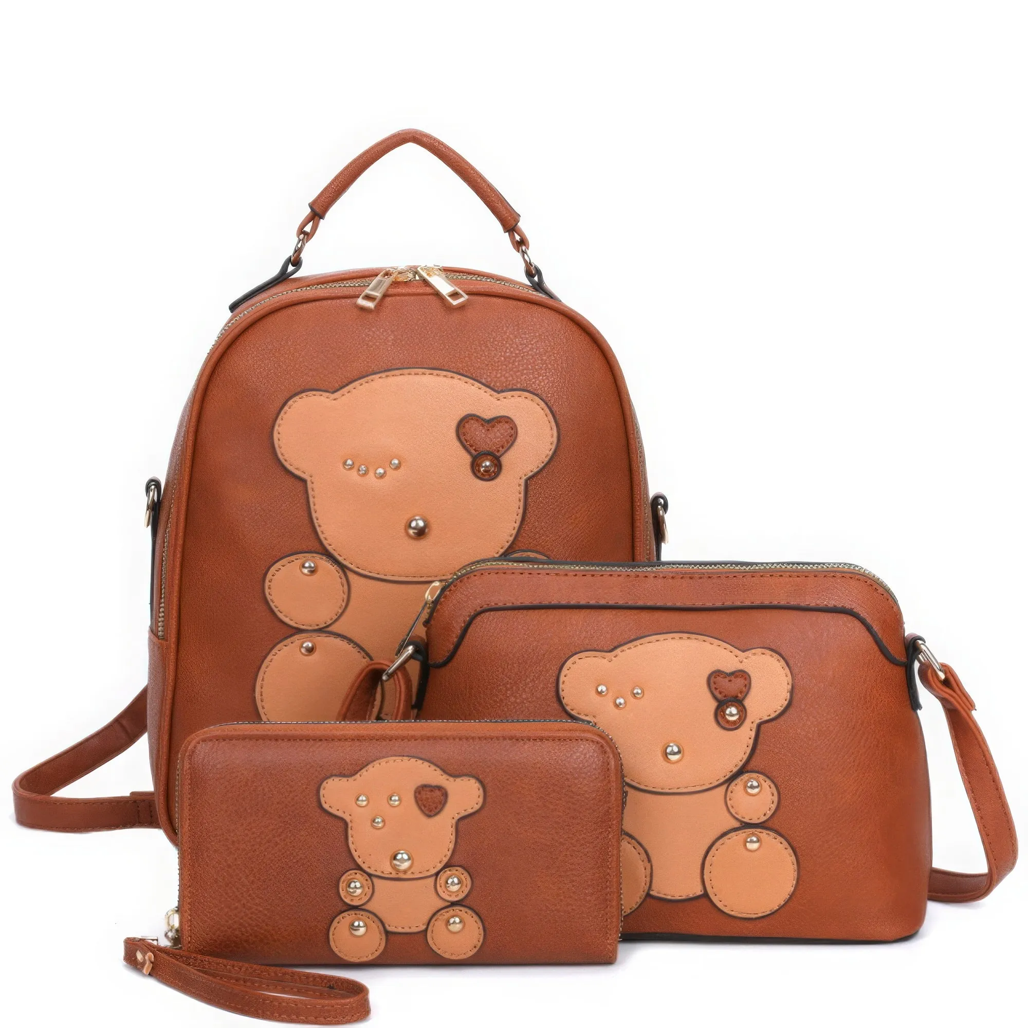 3in1 Cute Bear Design Handle Cartoon Backpack W Crossbody And Wallet Set