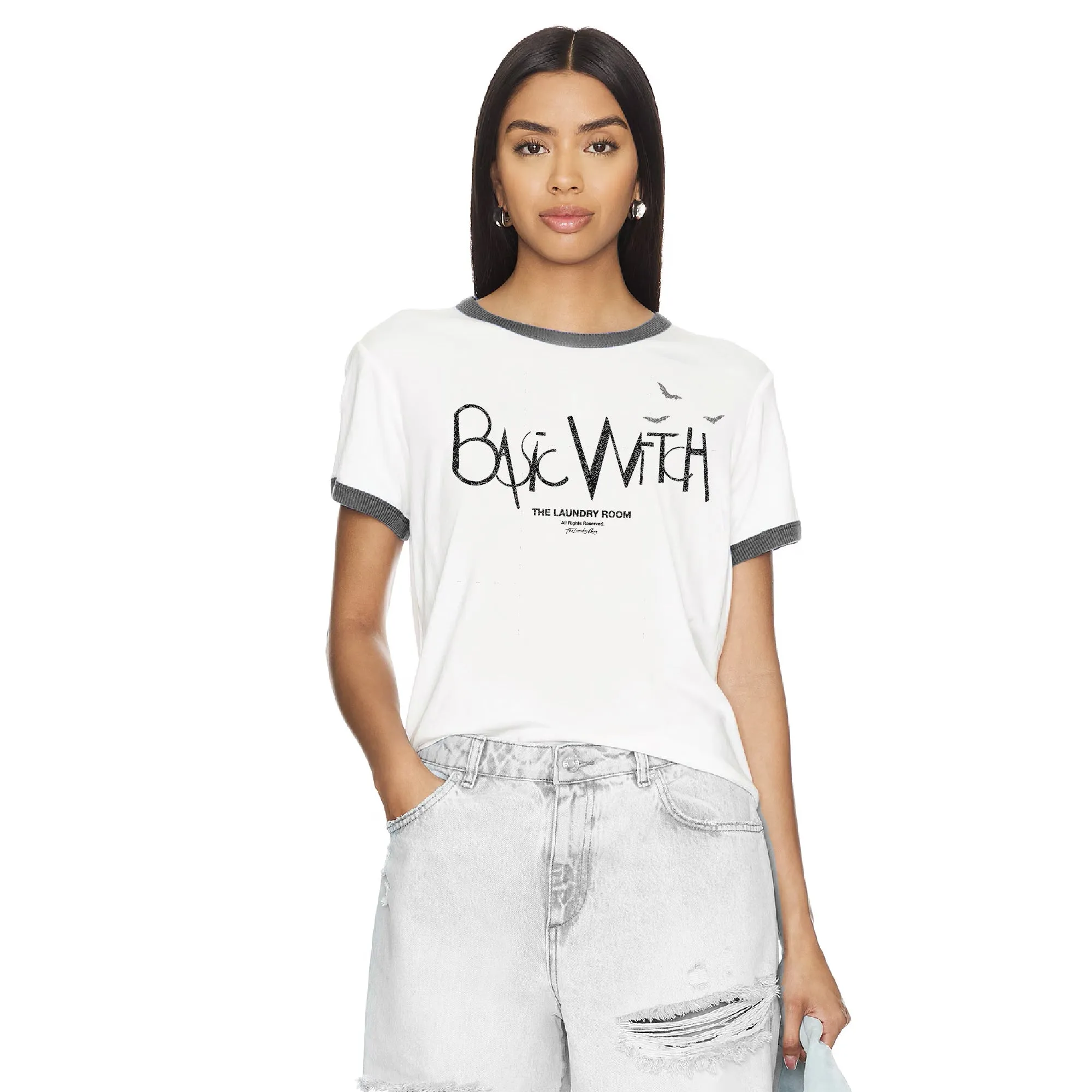 Basic Witch - Perfect Ringer Tee - White & Black Snow