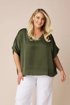 Bianca Short Sleeve Top Olive with V Neck