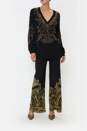 CAMILLA SHADOWS OF ARMADA EMBELLISHED V NECK KNIT IN BLACK