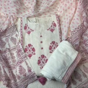 Exclusive Suit Set With Dupatta (Cotton, Dupatta-Mulmul) Cream Pink Floral Print Fabric