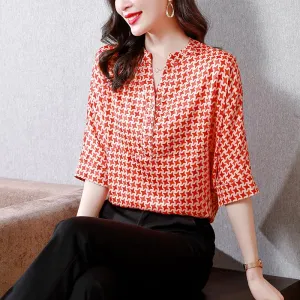 Floral Print Button Belly-Covering Plus Loose Fit Chiffon Chic Short Sleeve Tee