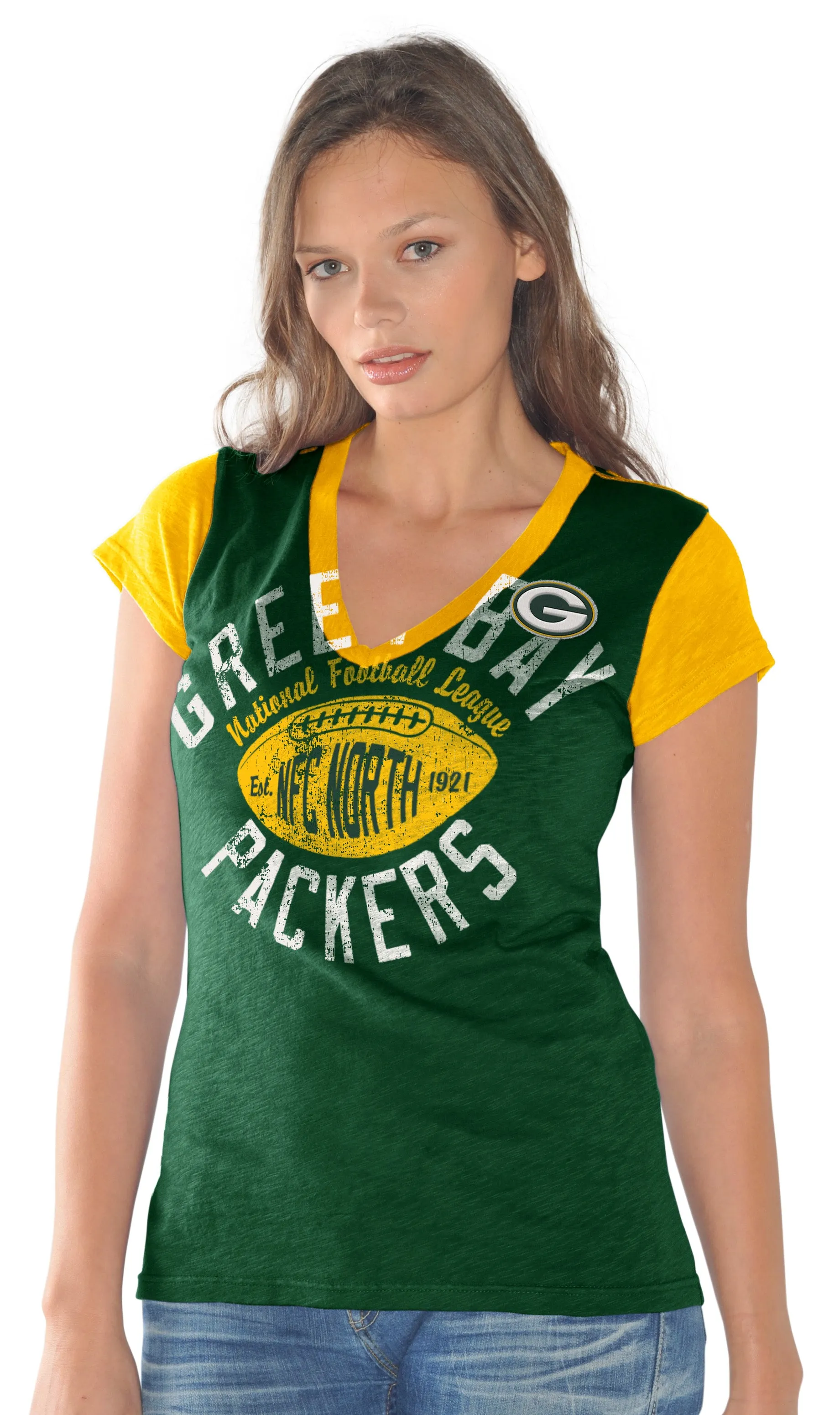 Green Bay Packers Women's Green V-Neck Shirt with Gold Ribbing