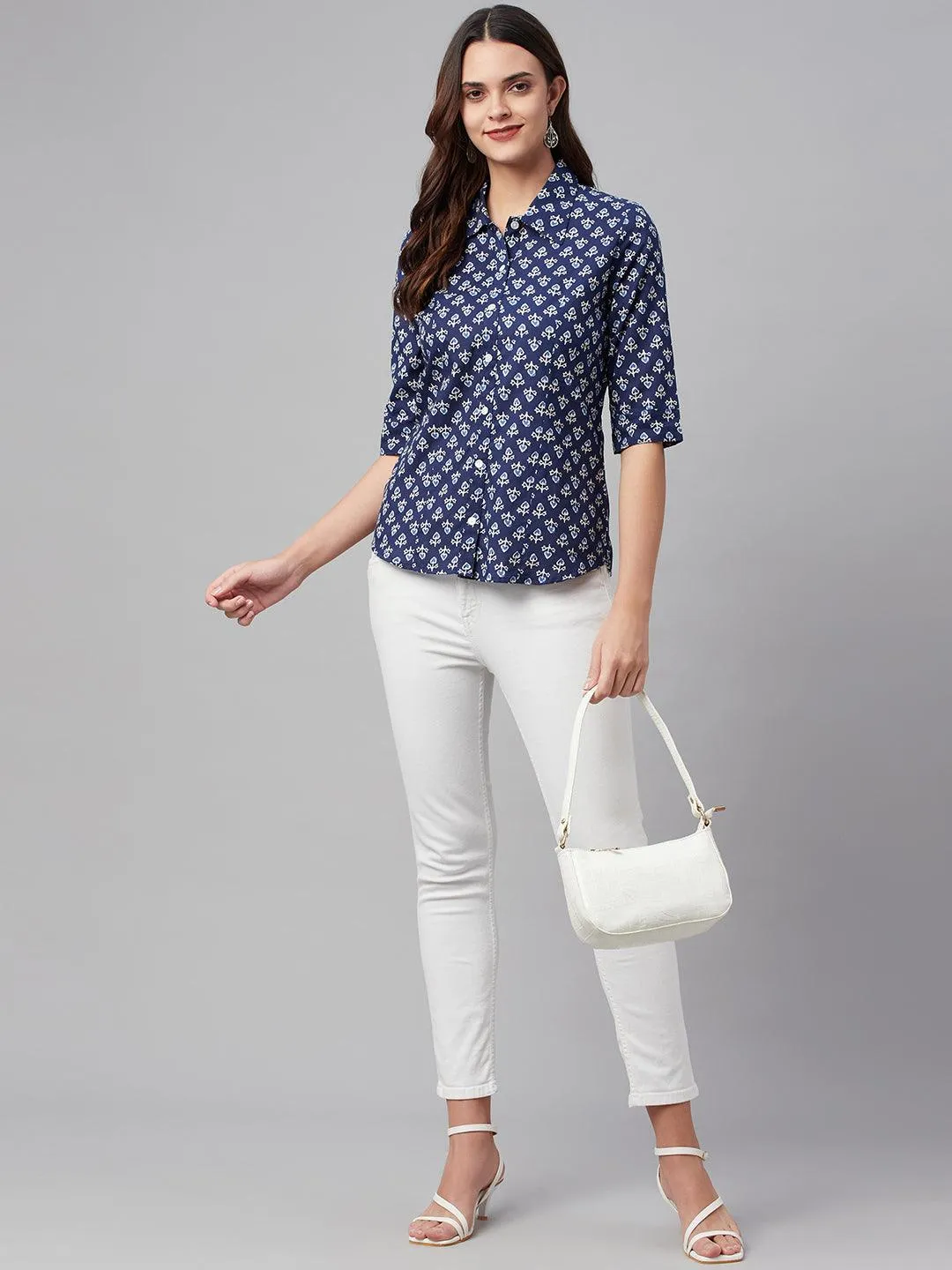 Indigo Block Printed Casual Women Shirts