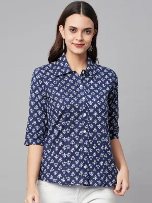 Indigo Block Printed Casual Women Shirts