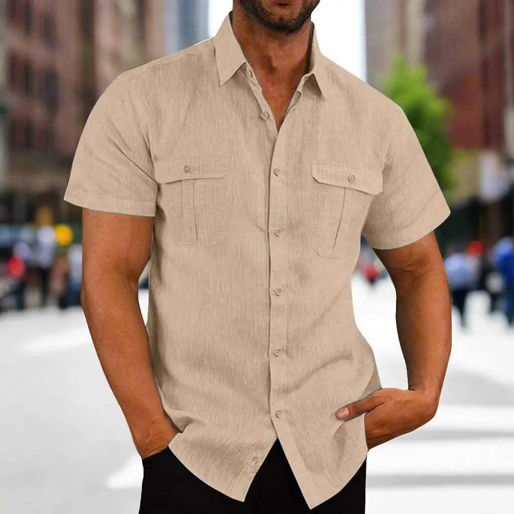 Men'S Button Short Sleeve Shirt Summer Casual Double Pocket Wide Collar Beach Shirt Summer