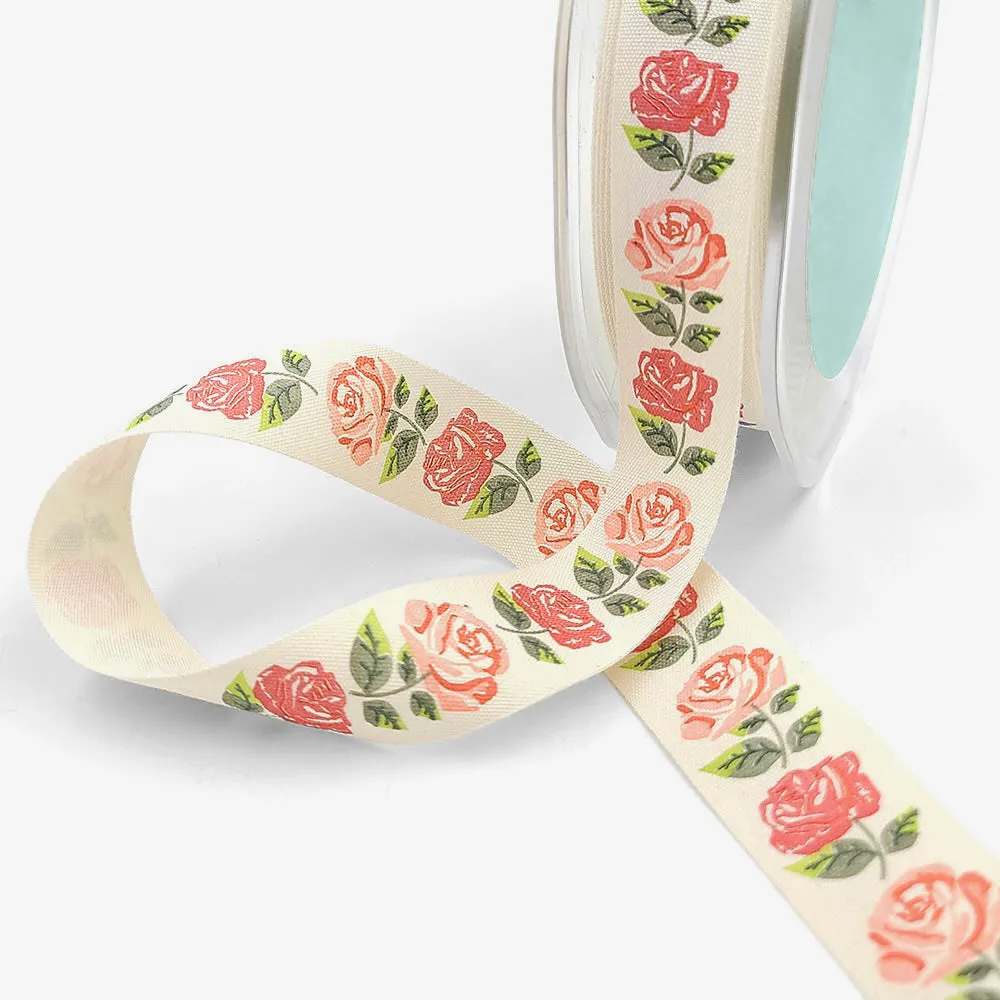 Red Rose Print - Natural Cotton Icon Ribbons