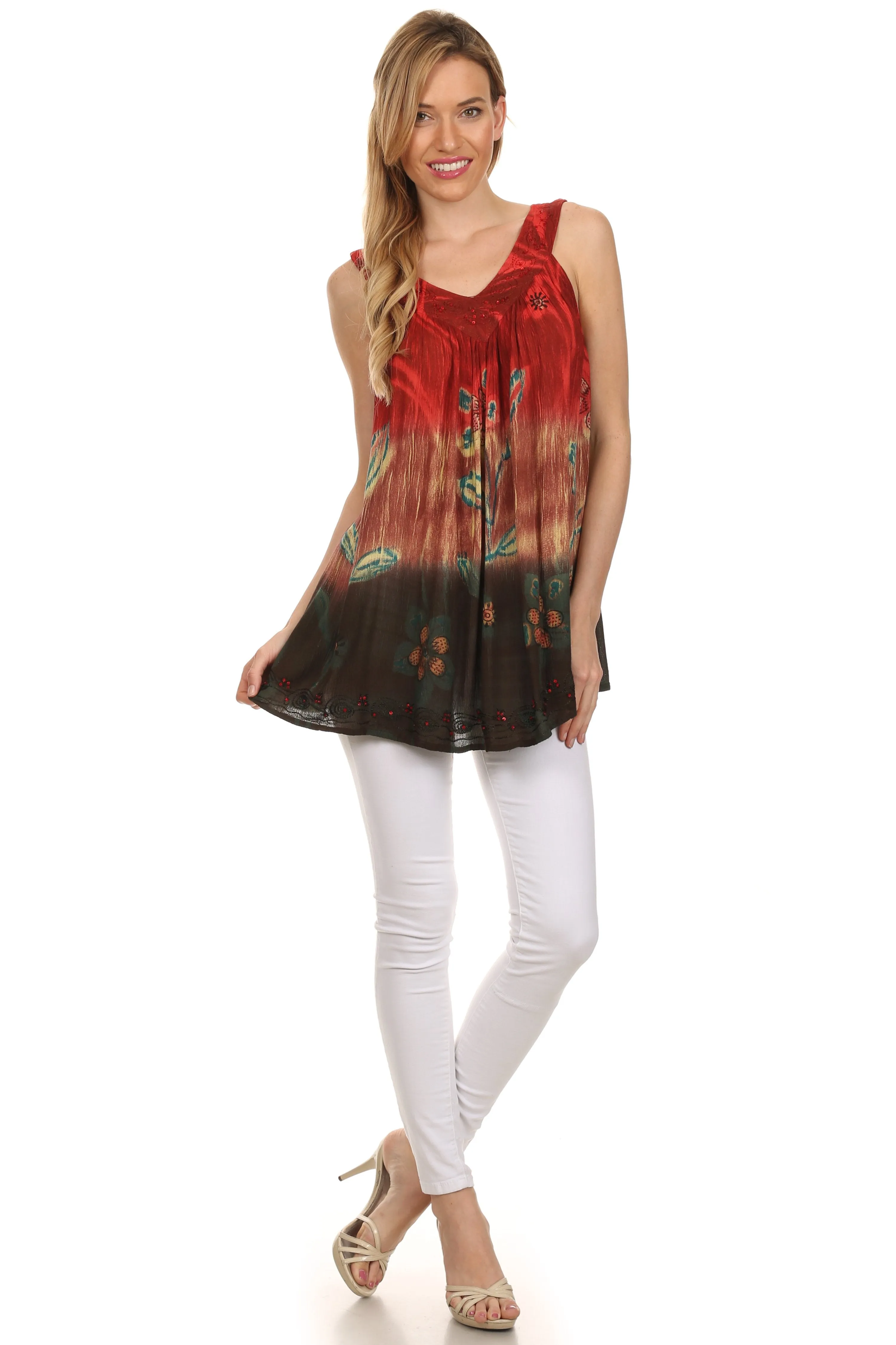 Sakkas Kyna Sequin Embroidered Relaxed Fit V-Neck Sleeveless Blouse