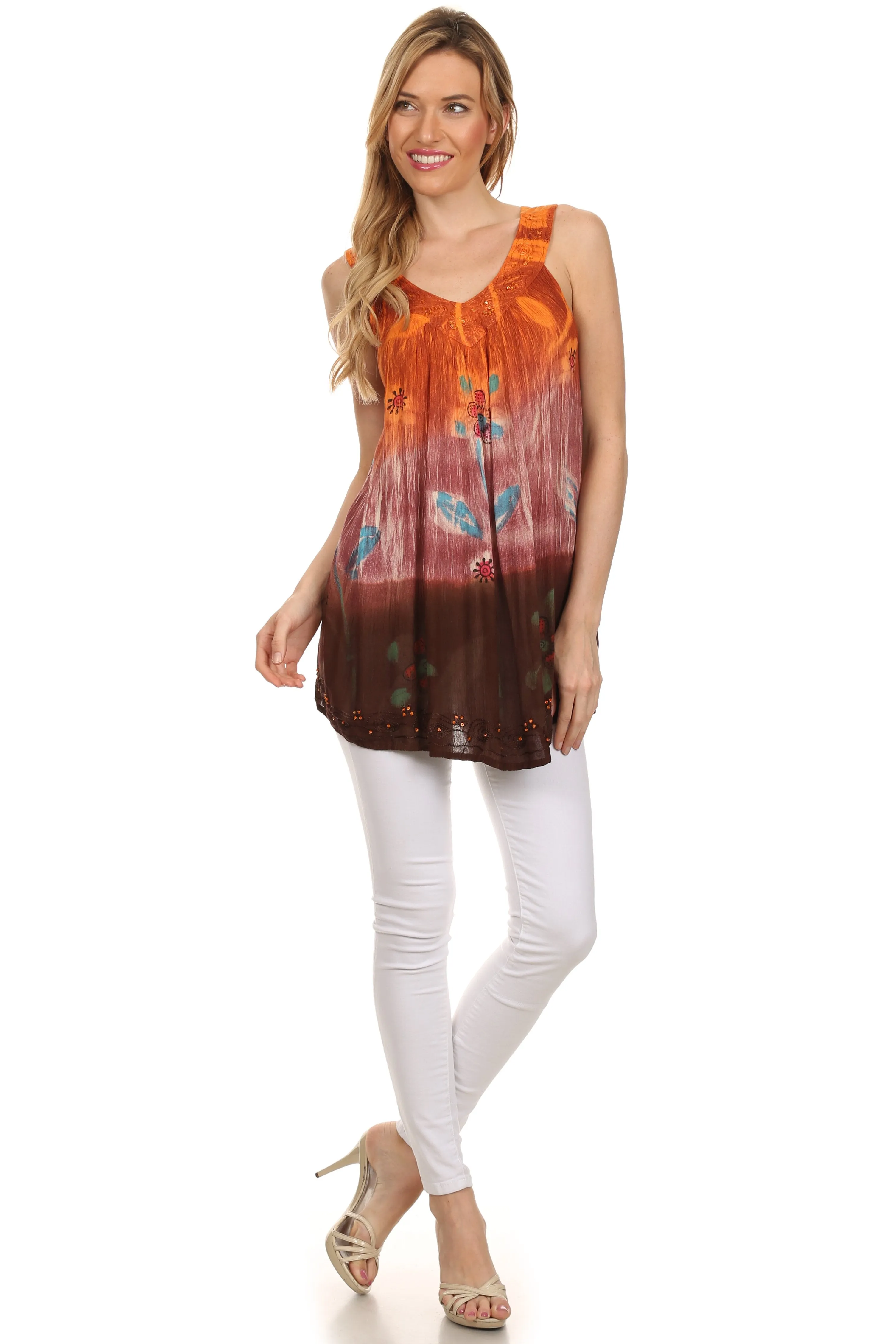 Sakkas Kyna Sequin Embroidered Relaxed Fit V-Neck Sleeveless Blouse