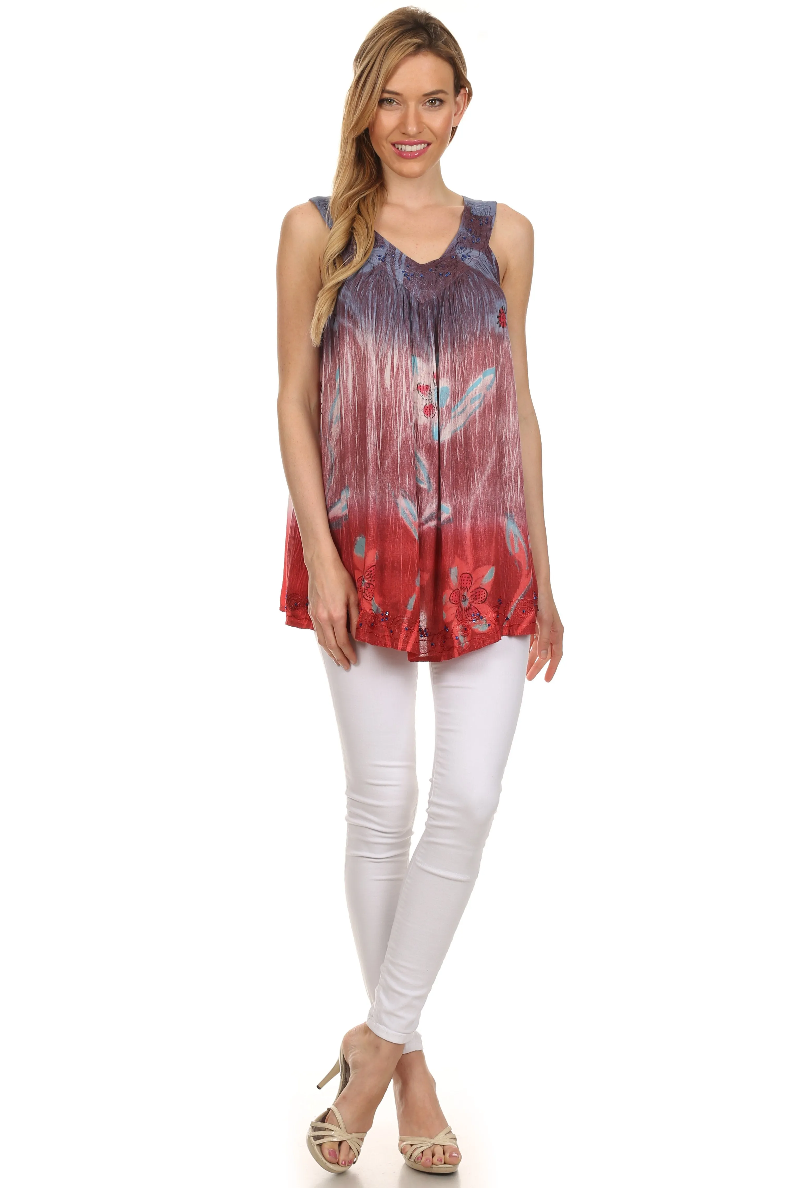 Sakkas Kyna Sequin Embroidered Relaxed Fit V-Neck Sleeveless Blouse