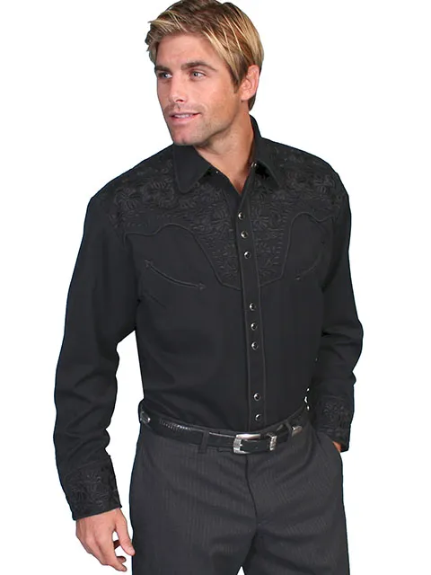 Scully Leathers Men's Jet Black Floral Embroidery Shirt