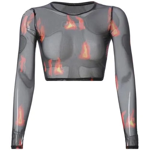 Sexy Rave Mesh Transparent Flaming Fire Printed O-Neck Slim Long Sleeve