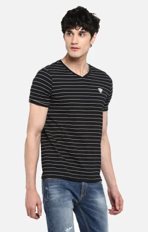 Spykar Black & White Striped Slim Fit Men T-Shirts