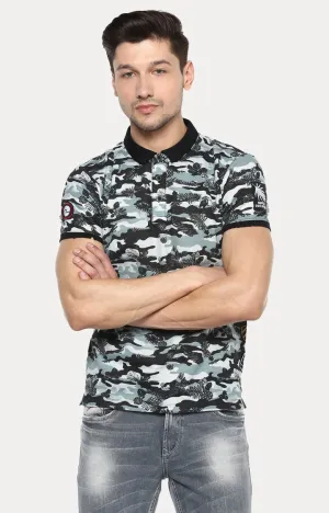 Spykar Black Camouflage Slim Fit Polo T-Shirt