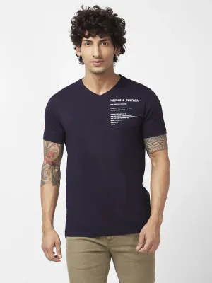 Spykar Men Navy Blue Blended Slim Fit Half Sleeve V-Neck Plain Tshirt