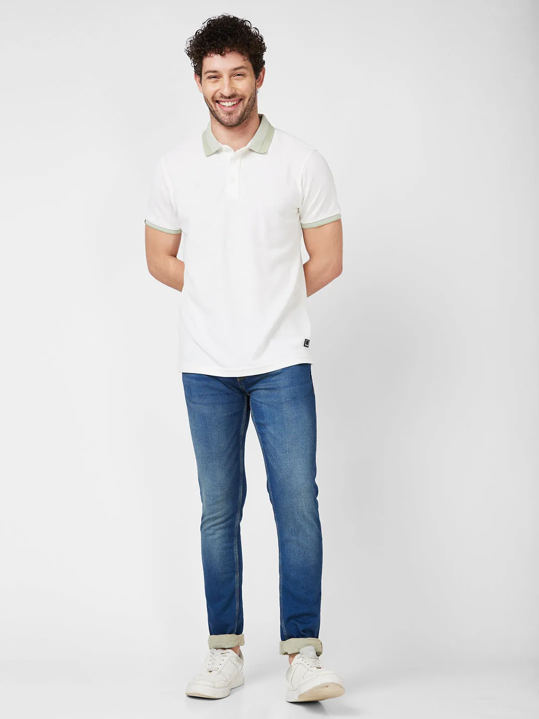 Spykar Polo Neck Half Sleeve Off White Solid T-Shirt For Men