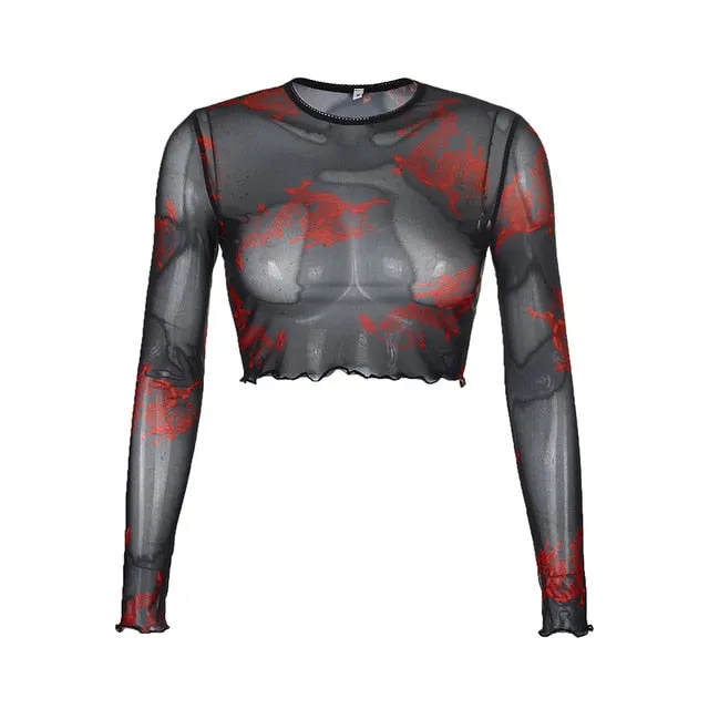 Summer Streetwear Sexy Mesh Crop Top Chinese Style Dragon Print Long Sleeve