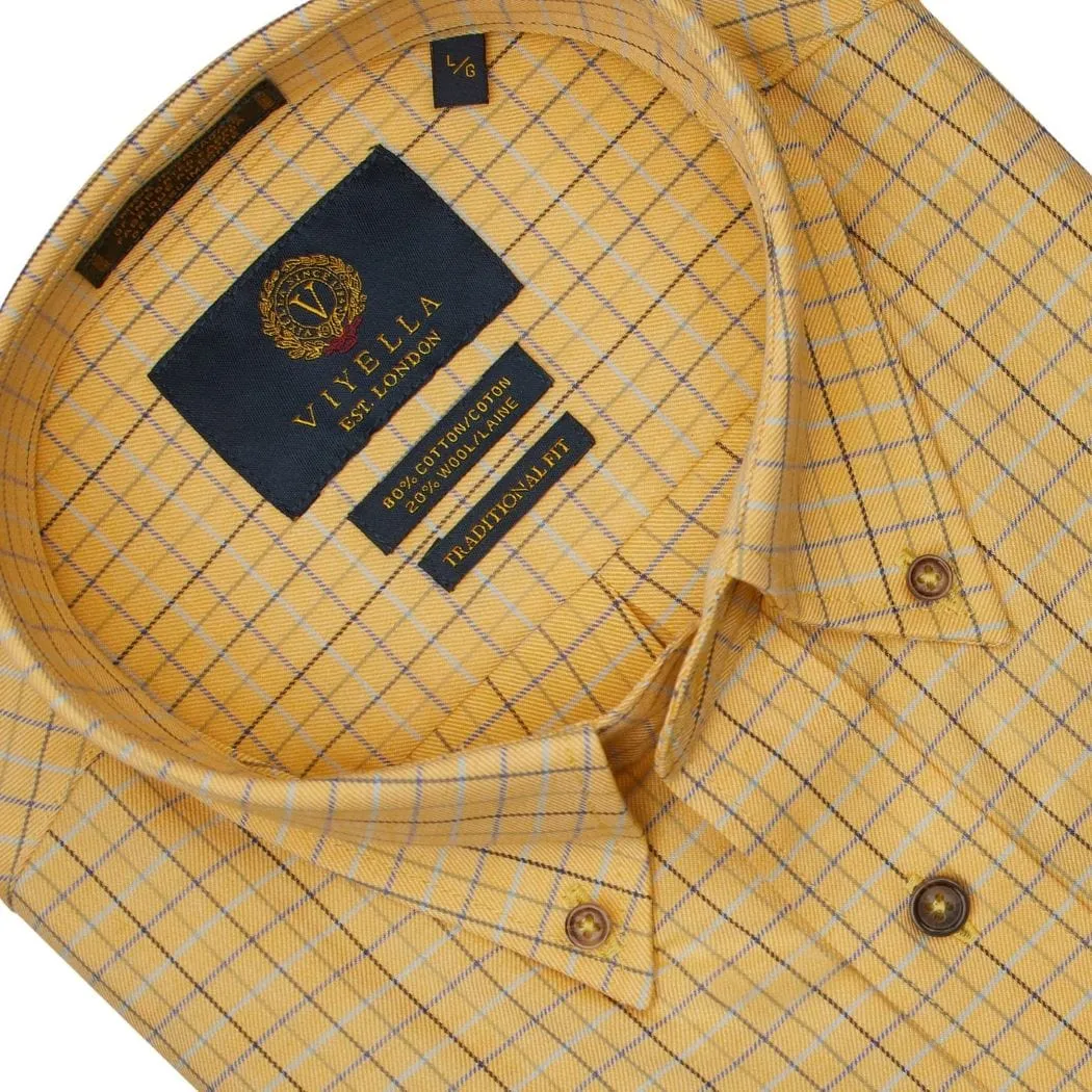 Tailored Fit Yellow Check Cotton & Wool Long Sleeve Shirts