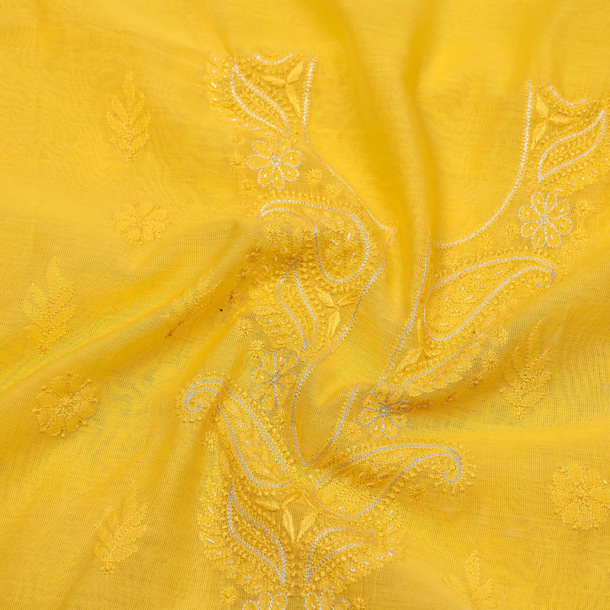 Yellow - 2pc Lucknow Chikankari Mukaish Hand Embroidery Chanderi Silk Suit Material Set